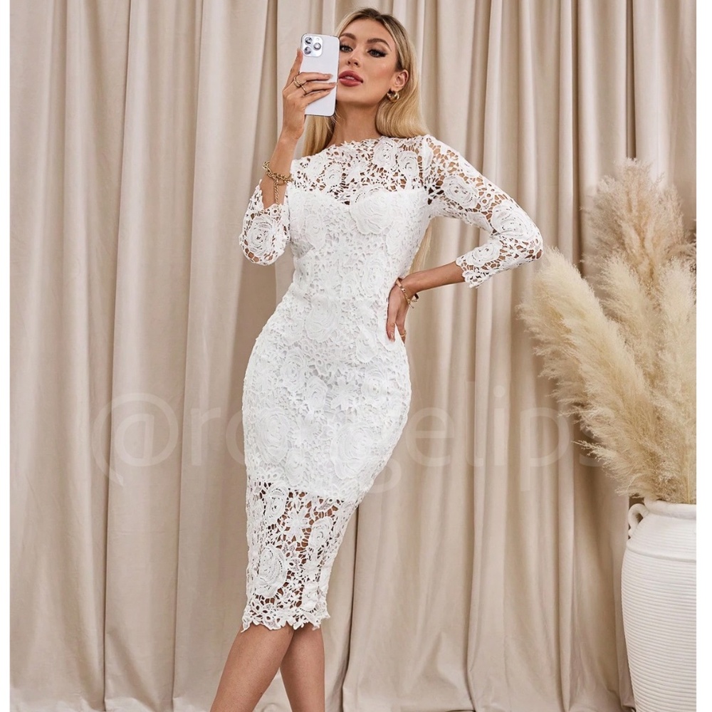 Rouge! Elegant White Lace Midi Dress